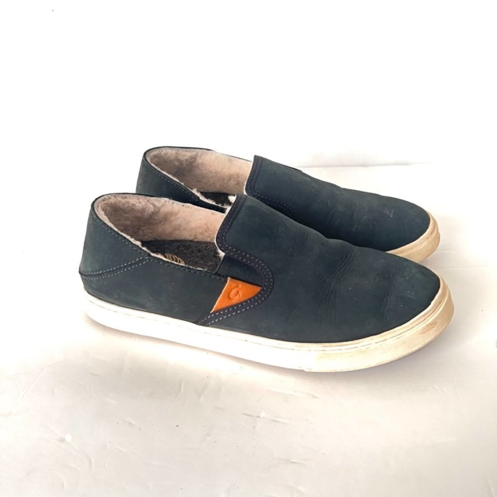 OluKai Women's Pehuea Leather Drop In Heel Slip On Sneakers Black Honu